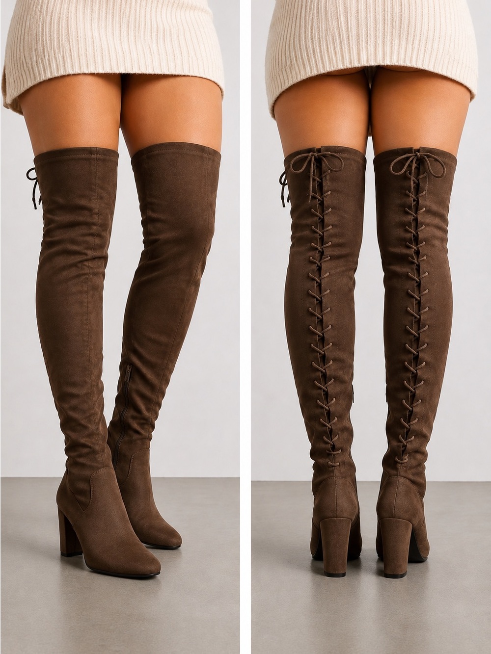 Women’s Suede Thigh High Boots Color Brown Size 9 Lace Tie